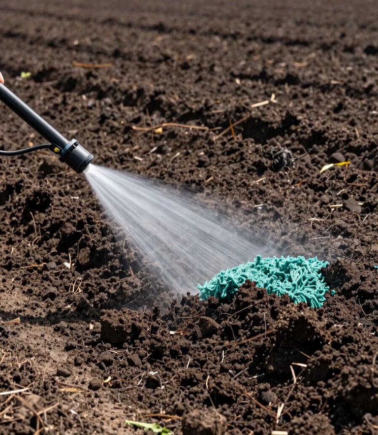Low-angle outdoor shot of a high-pressure hydroseeding nozzle spraying thick blue-green slurry onto dark, freshly graded soil, bright morning daylight, rich earth tones