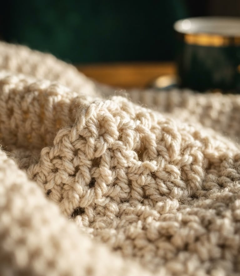 Macro detail shot of tension-perfect cream crochet stitches, warm side-lighting highlighting physical texture, shallow depth of field