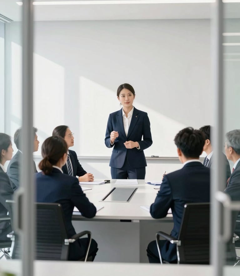 A professional corporate training session in a modern boardroom, bright natural daylight, deep navy and clean white tones, sharp focus, architectural framing