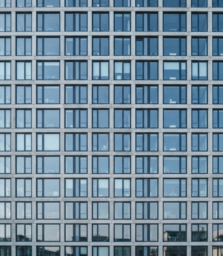 Straight-on architectural view of a modern concrete office building facade with clean grid lines, bright cool-toned daylight