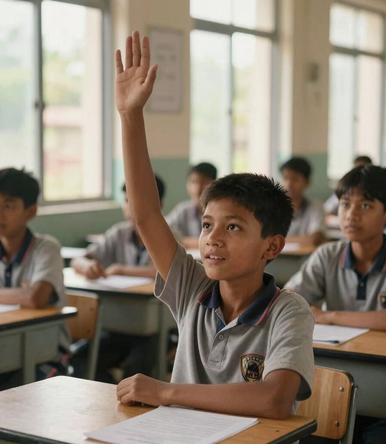 Bright natural daylight streams through classroom windows as a young Nepalese student raises their hand eagerly, focused expressions, warm academic environment.