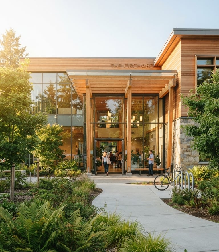 Sun-drenched architectural rendering of a modern community center entrance, warm morning light casting soft shadows, green foliage, inviting glass facade, 35mm editorial photography.
