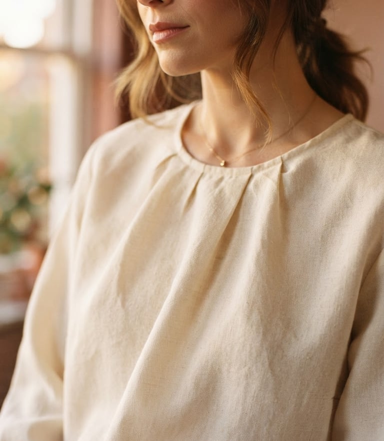 Close-up of a softly draped cream-colored linen blouse under warm golden-hour window light, elegant and minimalist