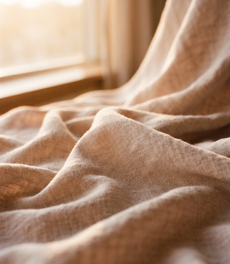 A close-up of premium soft beige linen fabric draped elegantly under warm golden-hour window light, 35mm photography