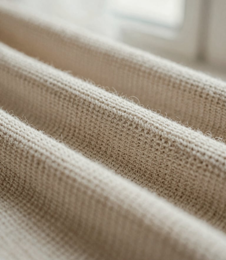Close-up macro shot of heavyweight cotton knitwear loops, showing the rich texture and weave, soft diffused side lighting