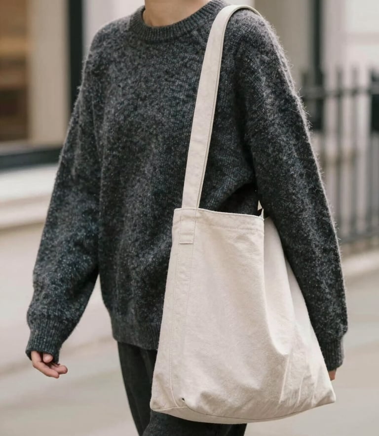 A candid urban street-level shot of a person walking in London wearing a relaxed charcoal sweater and carrying a minimalist canvas bag, soft afternoon daylight, shallow depth of field