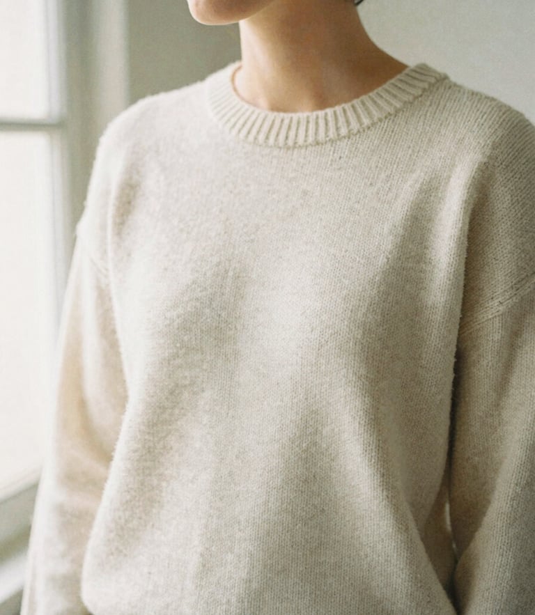 A candid medium-close crop of a model wearing a heavy cream knit sweater, soft diffused window light, 35mm film texture, neutral background