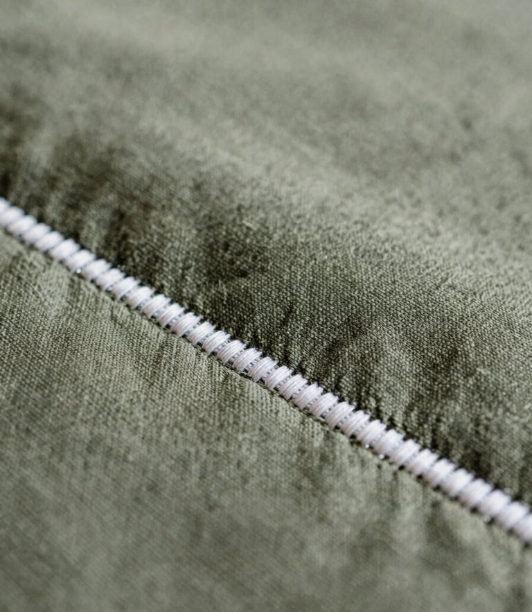 Macro texture of heavy organic olive green cotton fabric with high-definition white embroidery stitching, soft natural side light, shallow depth of field, 35mm film