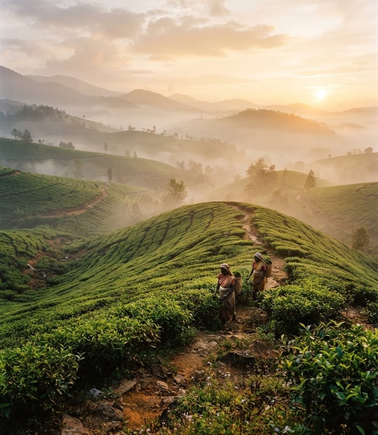 Misty tea plantations at dawn, soft golden hour light, rich earthy ochre and deep green tones, 35mm film grain, wide environmental landscape