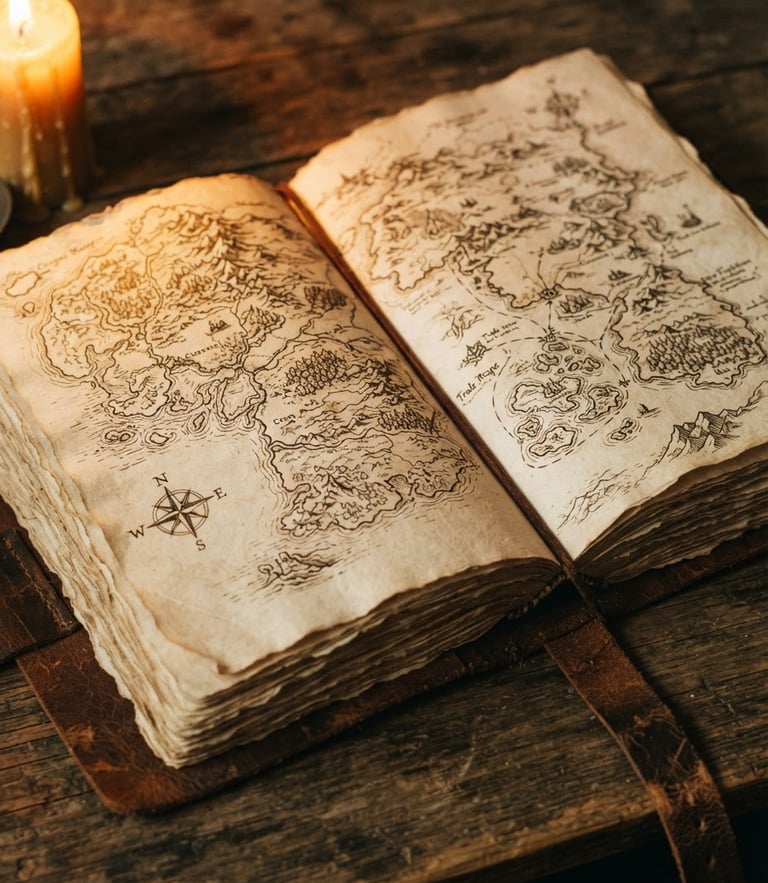 Close-up of an open leather-bound journal on a wooden desk, warm candlelight casting golden glow on hand-drawn maps, rich paper texture, 35mm lens.