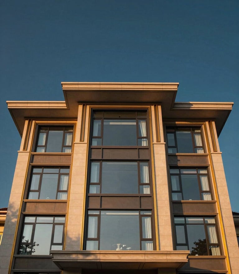 Symmetry-focused architectural framing of a luxury modern villa facade in Dehradun at golden hour, warm light reflecting off glass and gold trim, deep navy sky background