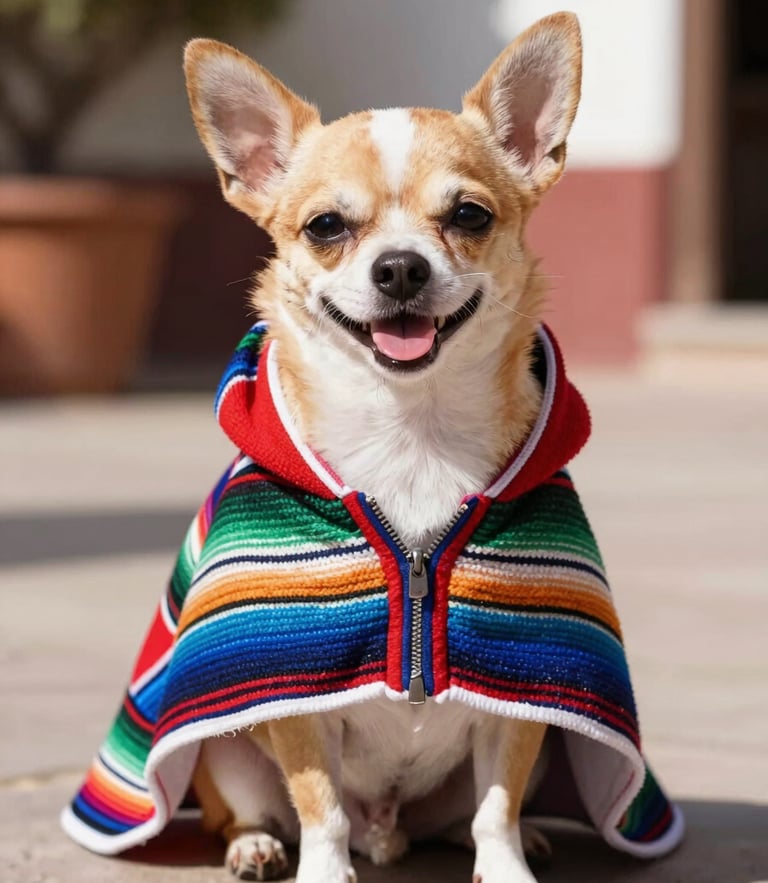 Portrait of a happy chihuahua wearing a colorful Mexican hand-woven poncho, sitting comfortably outdoors in a sunny courtyard, bright natural daylight, shallow depth of field, 35mm lens