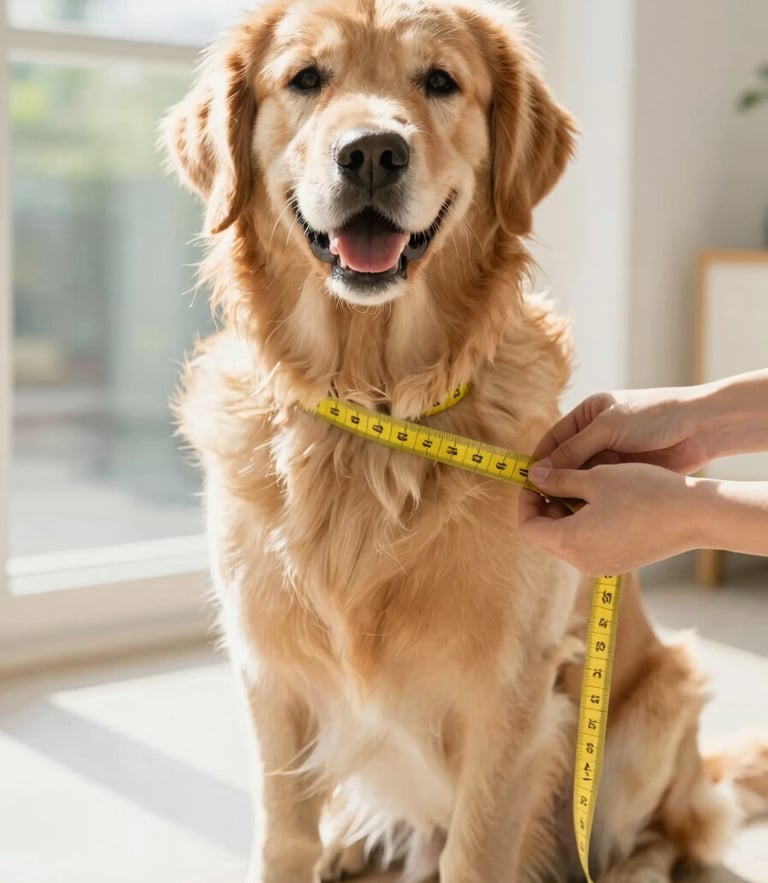 A warm eye-level shot of a happy Golden Retriever sitting calmly on a light floor while a person gently measures its chest with a soft yellow tape measure. Bright natural daylight from a nearby window, soft focus background.