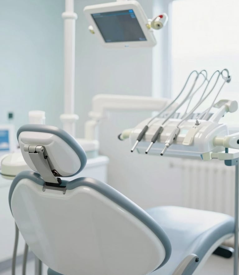 Bright high-key clinical photography, soft natural daylight, clean white dental chair, professional and hygienic environment, shallow depth of field