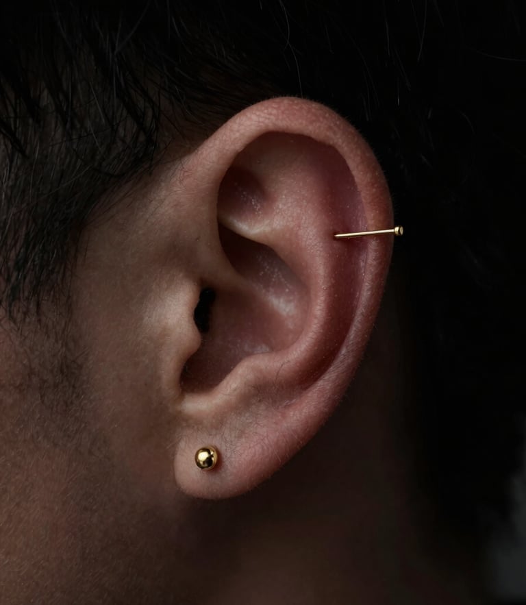 Macro close-up of a delicate gold cartilage piercing on a human ear, elegant minimalist jewelry design, dark moody editorial photography, dramatic chiaroscuro lighting, deep black background, sharp focus, 35mm lens