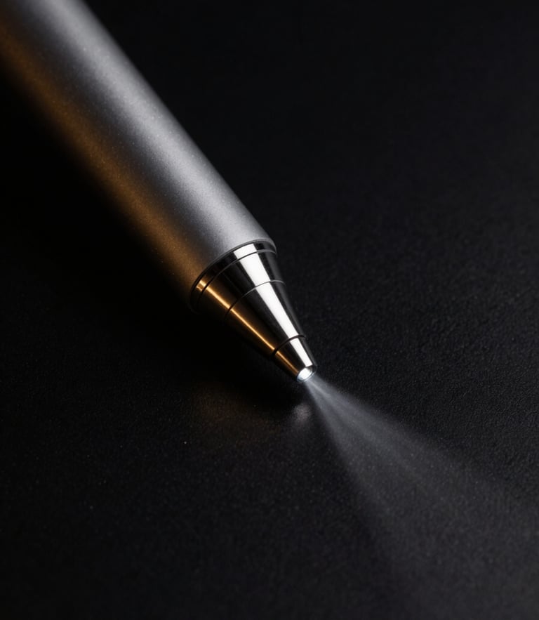 High-contrast editorial photography of a premium laser device tip emitting a precise light beam, dark background, subtle gold reflections, 35mm lens