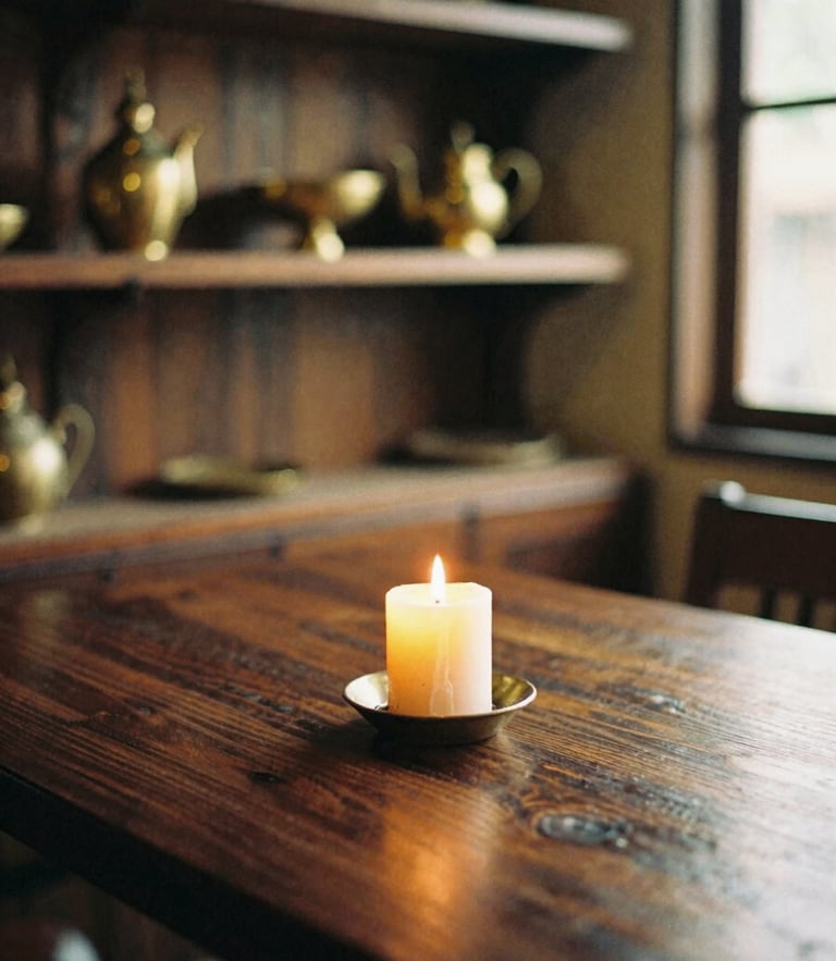 Close-up of a cozy, candlelit table setting in a vintage Thai dining room, dark teak wood textures, mismatched brass ornaments on a high shelf, warm golden-hour glow, 35mm film style
