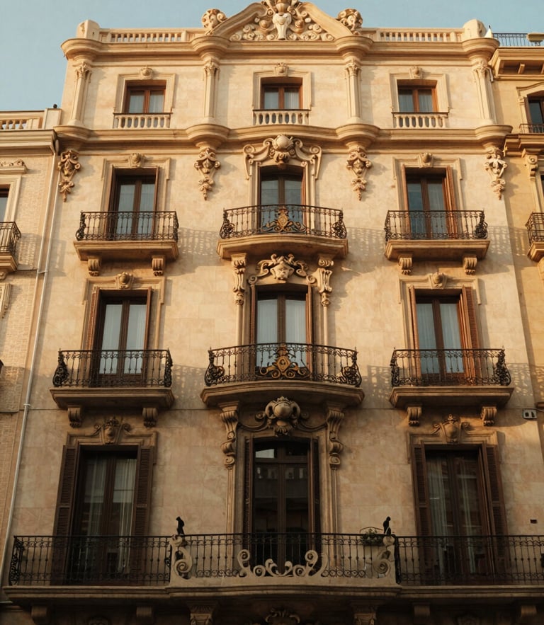 Warm editorial photography of elegant Barcelona classic building facade with ornate balconies, soft golden-hour daylight, 35mm