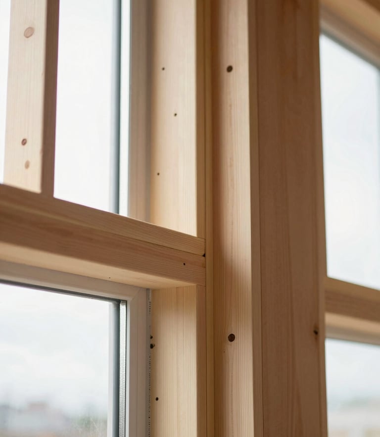 Close-up of precise architectural framing, clean timber joints, warm soft side-lighting, high-end residential construction site, 35mm