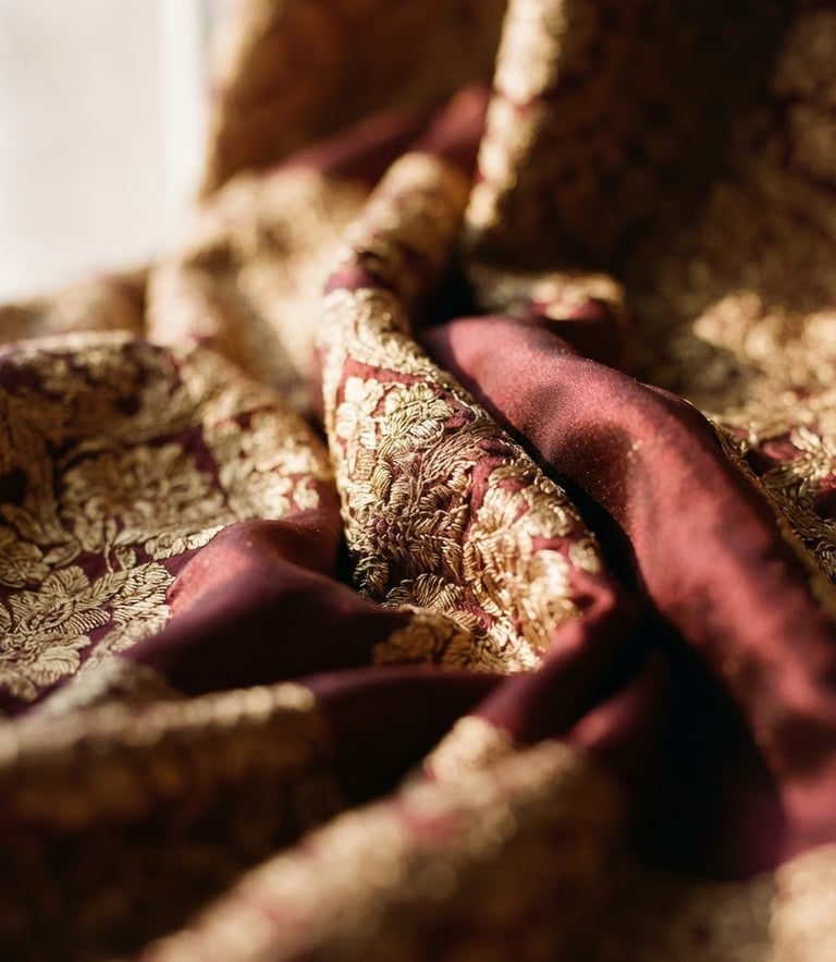 Close-up of elegant draped silk fabrics in deep maroon and gold, warm directional window light, shallow depth of field