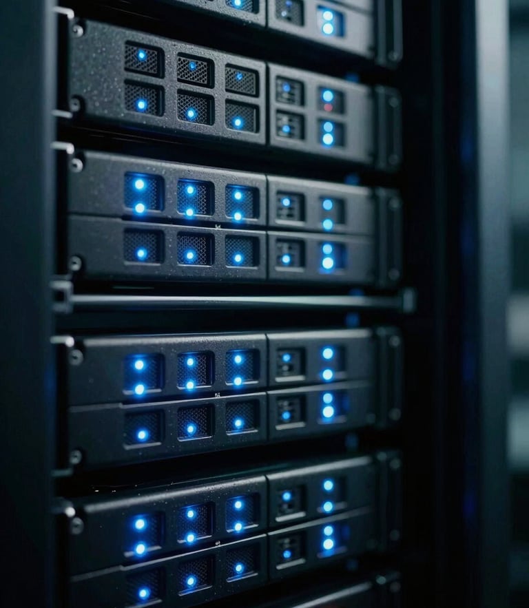 Extreme macro detail of a pristine, high-density server rack with cool blue LED indicator lights reflecting off dark steel, shallow depth of field, 35mm film style