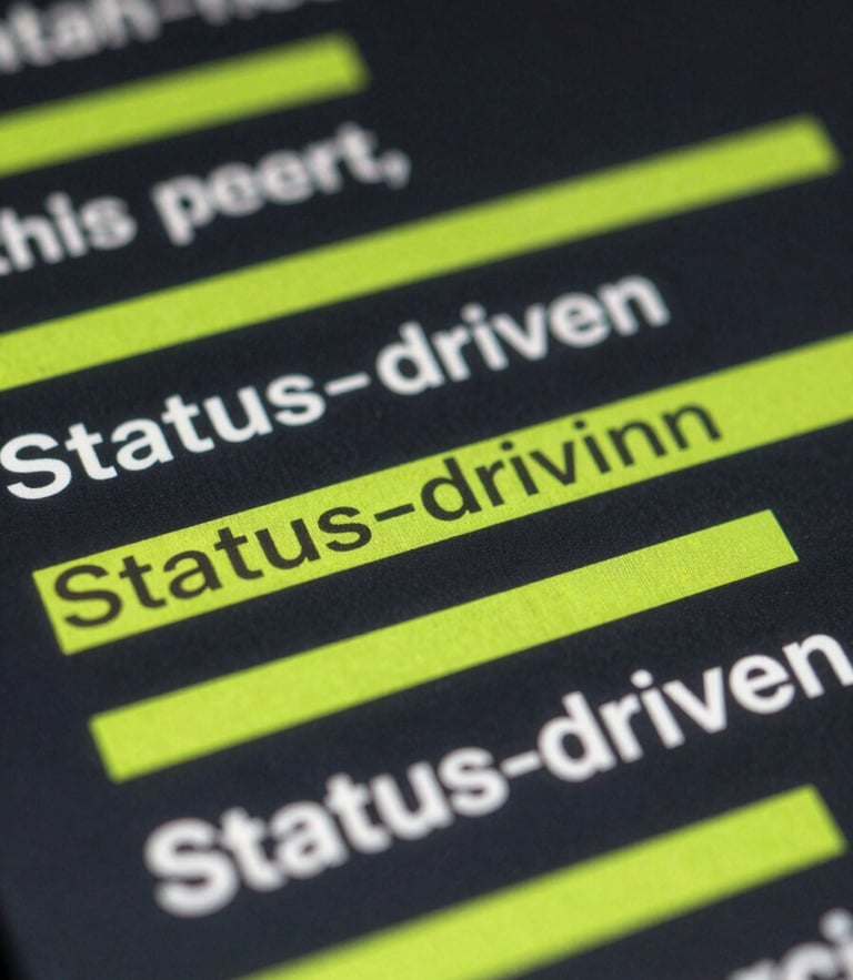 Close-up macro shot of crisp technical ad copy outputting in real-time, highlighting the Status-driven angle with electric lime underlines on a dark screen.