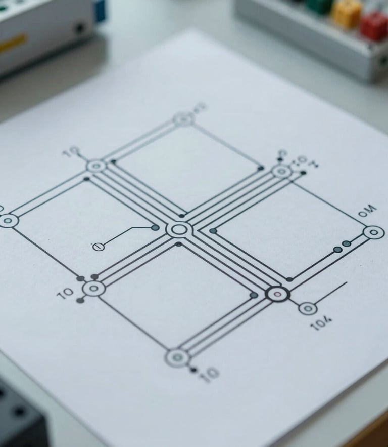 A sharp, cool-toned macro photograph of a high-voltage circuit schematic laid out on a technical workstation under clean daylight.