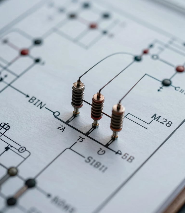 Macro close-up of a complex high-voltage electrical schematic diagram with precise technical annotations under cool white light.