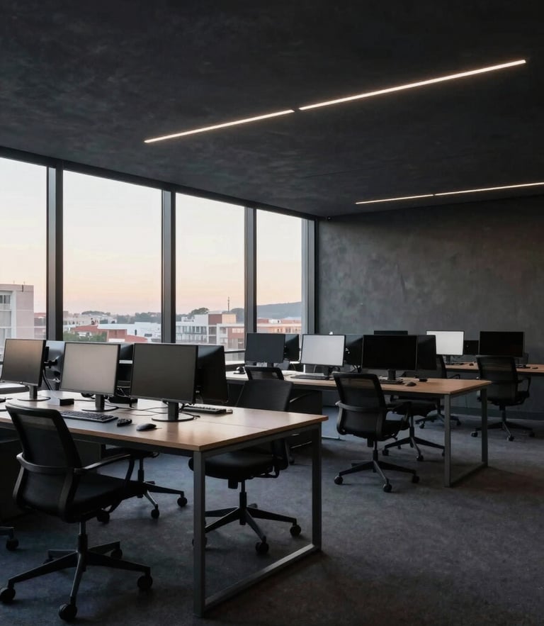 Wide environmental shot of a minimalist Madrid newsroom at dawn, natural unpolished daylight, deep slate architectural elements, empty desks with active monitors.