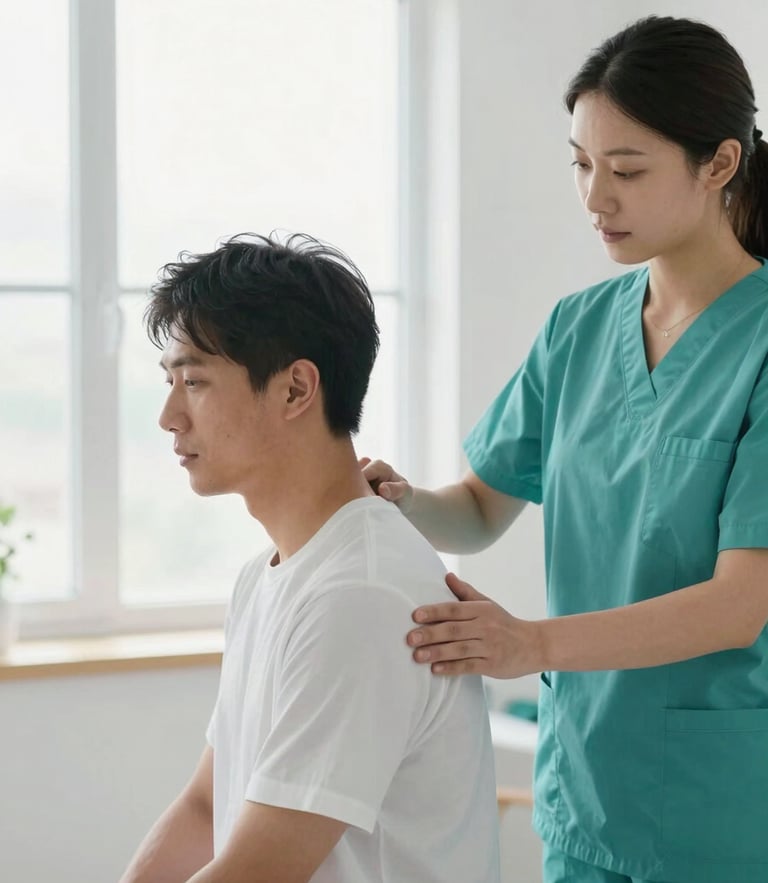 Medium shot of a professional physiotherapist guiding a patient's shoulder recovery, bright clinical room, soft natural window light, teal accents