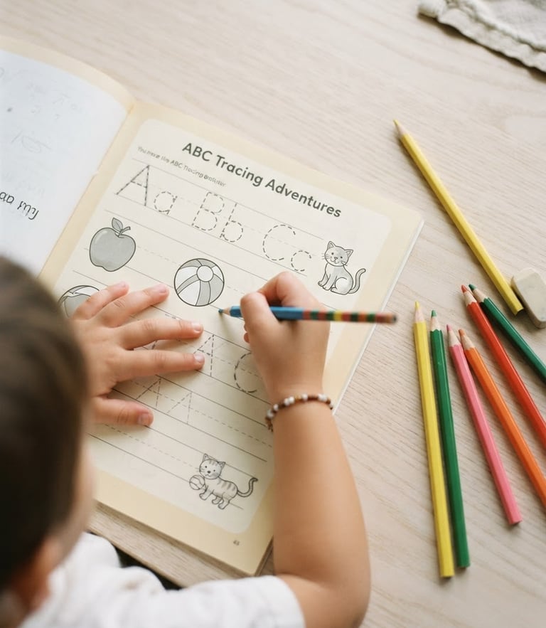 Overhead flatlay of a child's hands tracing letters in a TikoLoom workbook on a light wood table, colorful wooden pencils, soft bright daylight, 35mm