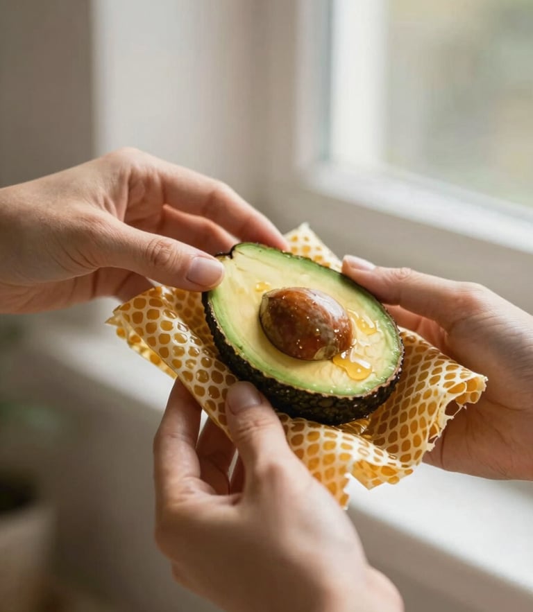 Close-up of hands gently folding a warm golden beeswax wrap around a fresh half-cut avocado, soft morning window light, warm honey tones, 35mm