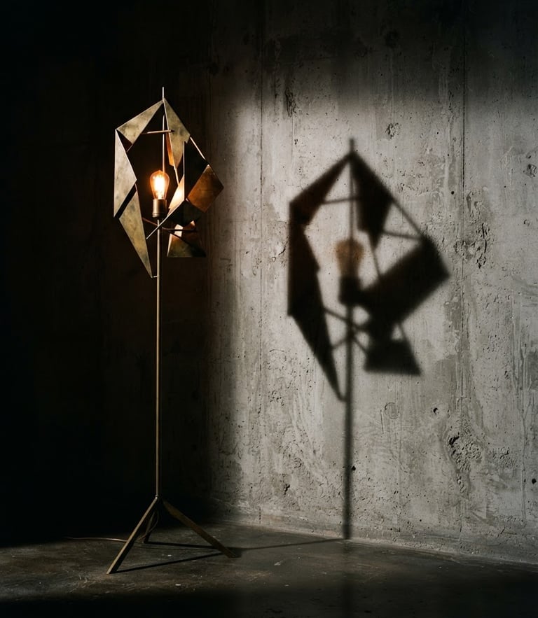 Dramatic high-contrast editorial photography of a tall brass sculptural floor lamp casting a sharp geometric shadow on a raw concrete wall, warm amber glow, 35mm
