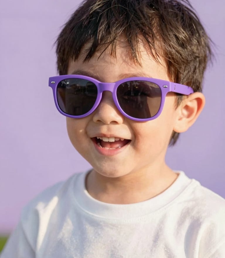 Candid close-up of a happy child playing outdoors, wearing protective purple sunglasses, warm natural golden hour light, soft lilac background, 35mm