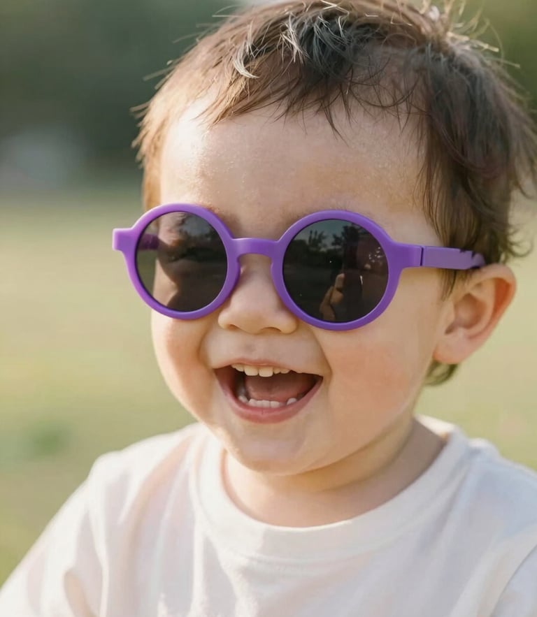 A close-up portrait of a laughing toddler wearing round purple sunglasses in bright golden-hour sunlight, warm editorial photography, shallow depth of field