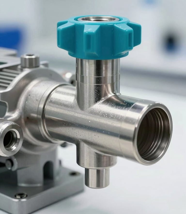 Close-up of a stainless steel supply pump nozzle in clean laboratory white environment, high-contrast steel tones, cyan accents, sharp focus, 35mm