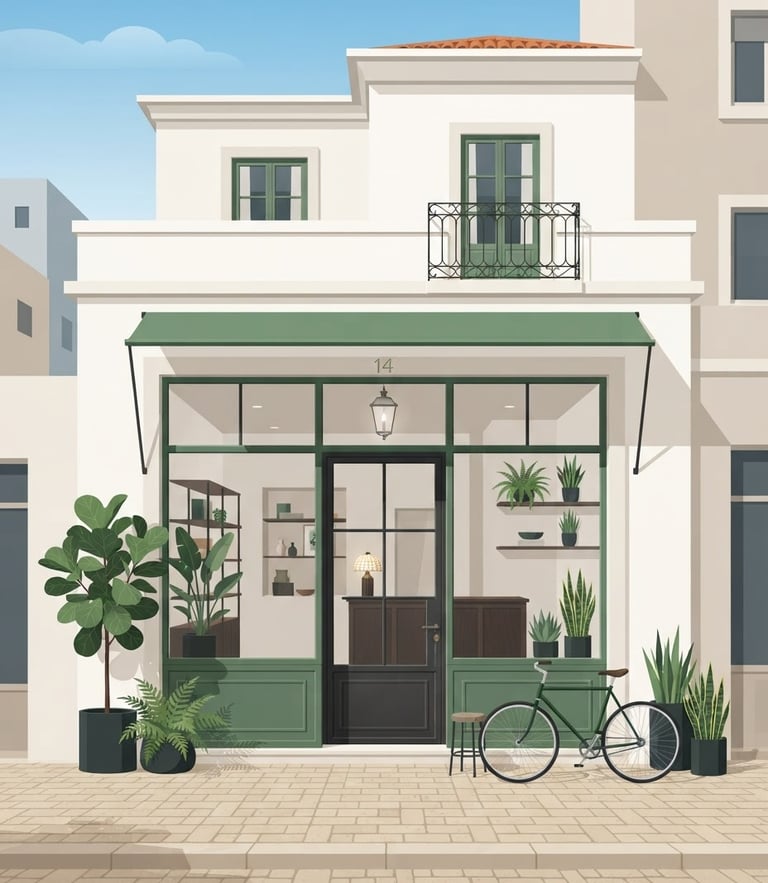 A premium flat vector illustration of a modern Portuguese storefront with clean geometric lines, soft forest green plants, and elegant minimalist details