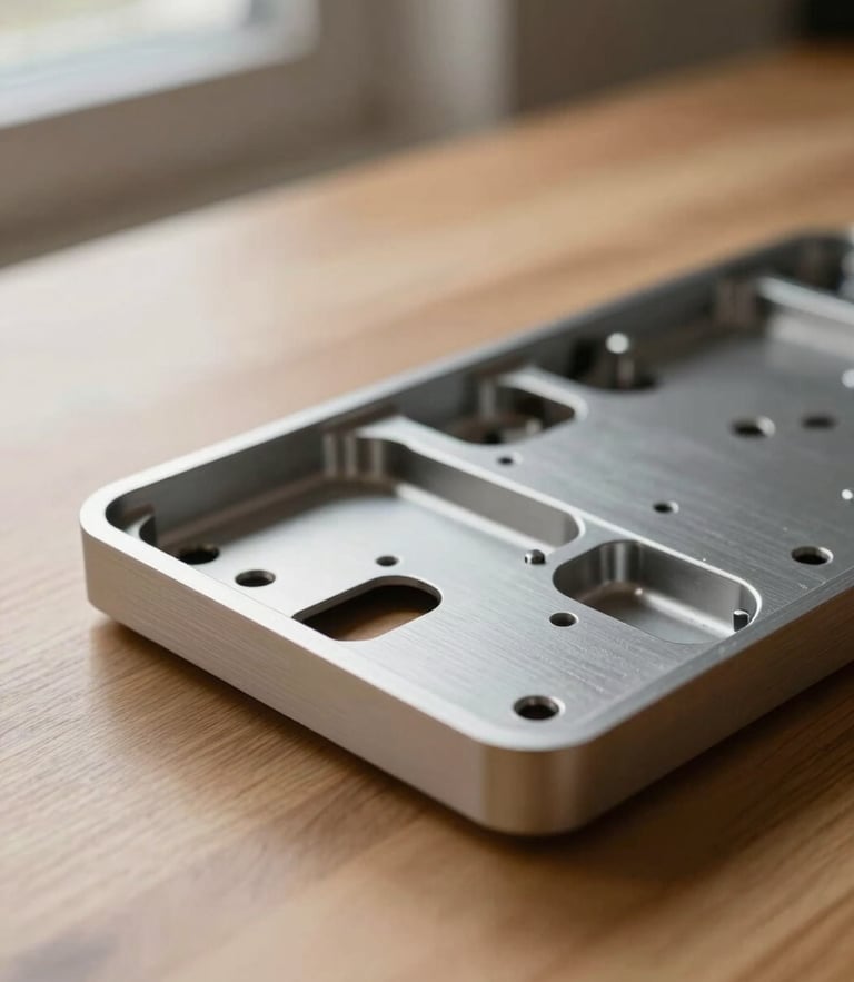 Macro shot of brushed aluminum keyboard chassis on a solid oak desk, soft window light from the left, shallow depth of field, warm editorial photography