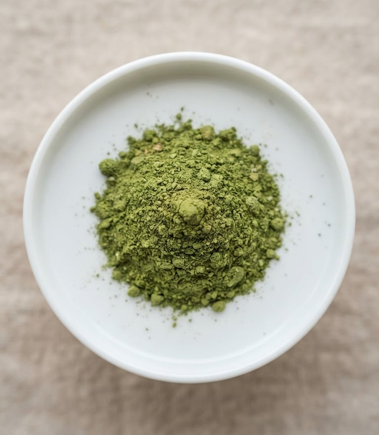 Macro overhead shot of ultra-fine green moringa powder on a clinical white laboratory dish, bright natural daylight, crisp details
