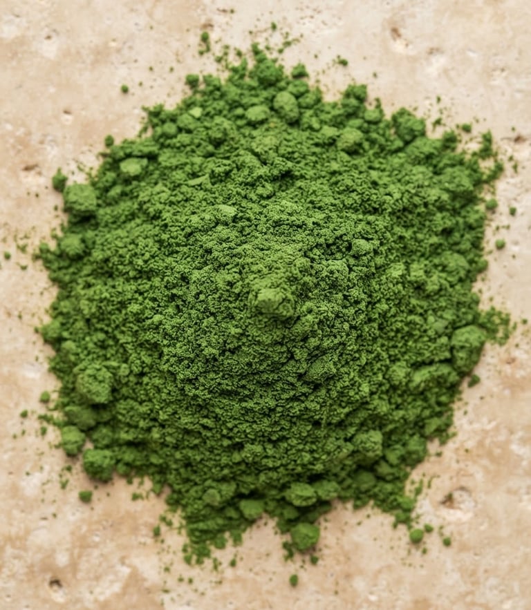 Overhead macro shot of vibrant green moringa powder on a minimalist warm beige stone surface, clean clinical lighting, 50mm lens