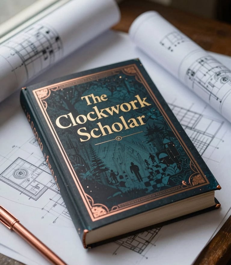 A book cover mockup of 'The Clockwork Scholar' resting on a pile of blueprint drawings, soft natural light, rich copper accents.