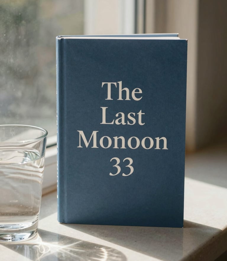 A book cover mockup of 'The Last Monsoon' next to a glass of water casting beautiful caustics, soft morning light, muted blue tones.