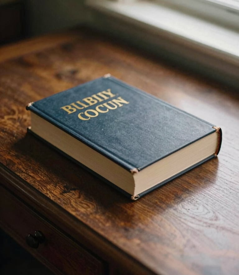 A closed thick hardcover book with gold foil lettering resting on an antique dark wood writing desk, soft warm window light casting long shadows, 35mm photography.