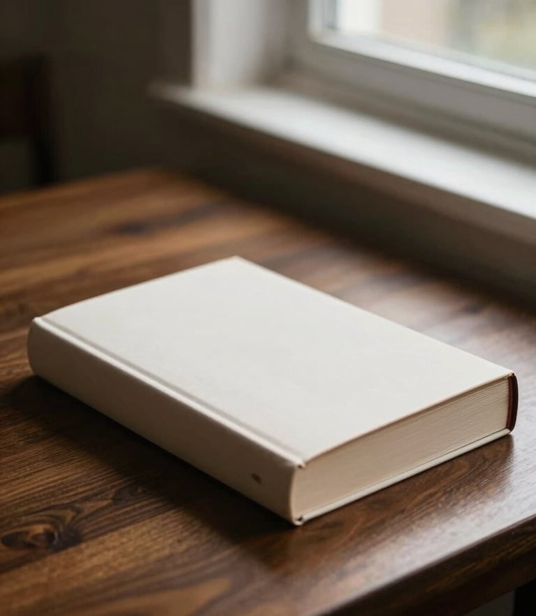 Warm editorial photography of a hardcover book resting on a dark wooden desk near a sunlit window, shallow depth of field, 35mm