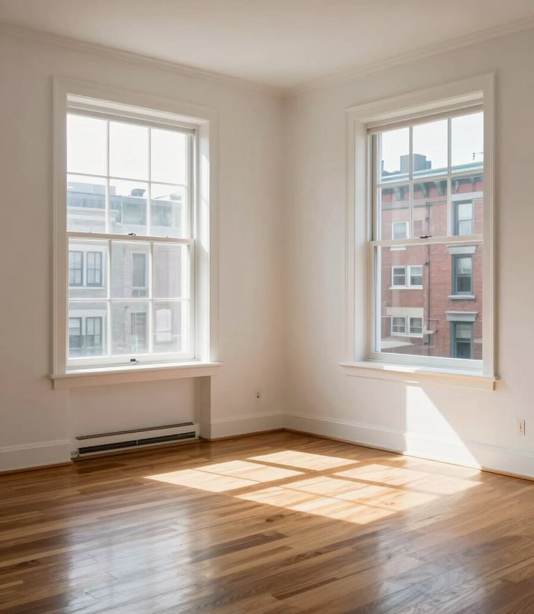 Sun-drenched Montreal apartment interior with polished hardwood floors, clean white walls, and natural daylight streaming through large windows, captured with architectural framing