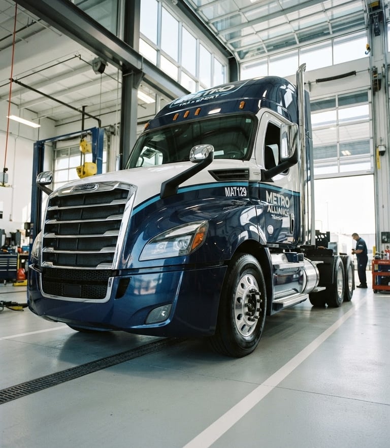 Low-angle heroic shot of a branded Metro Alliance Transport Freightliner Cascadia truck parked in a clean, professional inspection bay under crisp morning daylight, 35mm photography