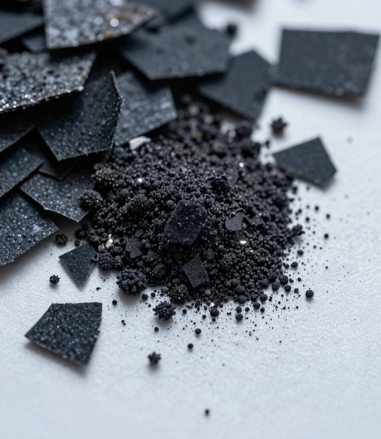 Extreme macro top-down view of dark graphene flakes and fine black nano-powder on a sterile white clinical surface, sharp cool-toned studio lighting with deep shadows