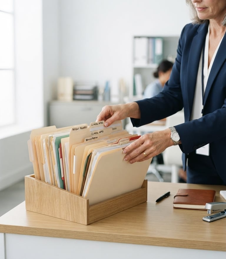 Hands of a clinical administrator organizing official folders on a clean desk, bright natural daylight, clinical office setting, 35mm