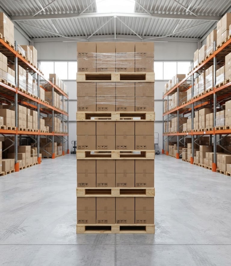 Straight-on eye-level shot of neatly stacked pallets with cardboard boxes in a bright modern warehouse, clean daylight, sharp focus