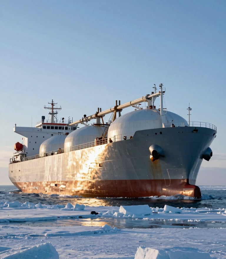 Massive industrial LNG tanker navigating icy North Sea waters, low-angle Arctic sun reflecting off steel hull, wide cinematic framing.